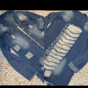 Denim Ripped Distressed Denim Shirt Jacket M